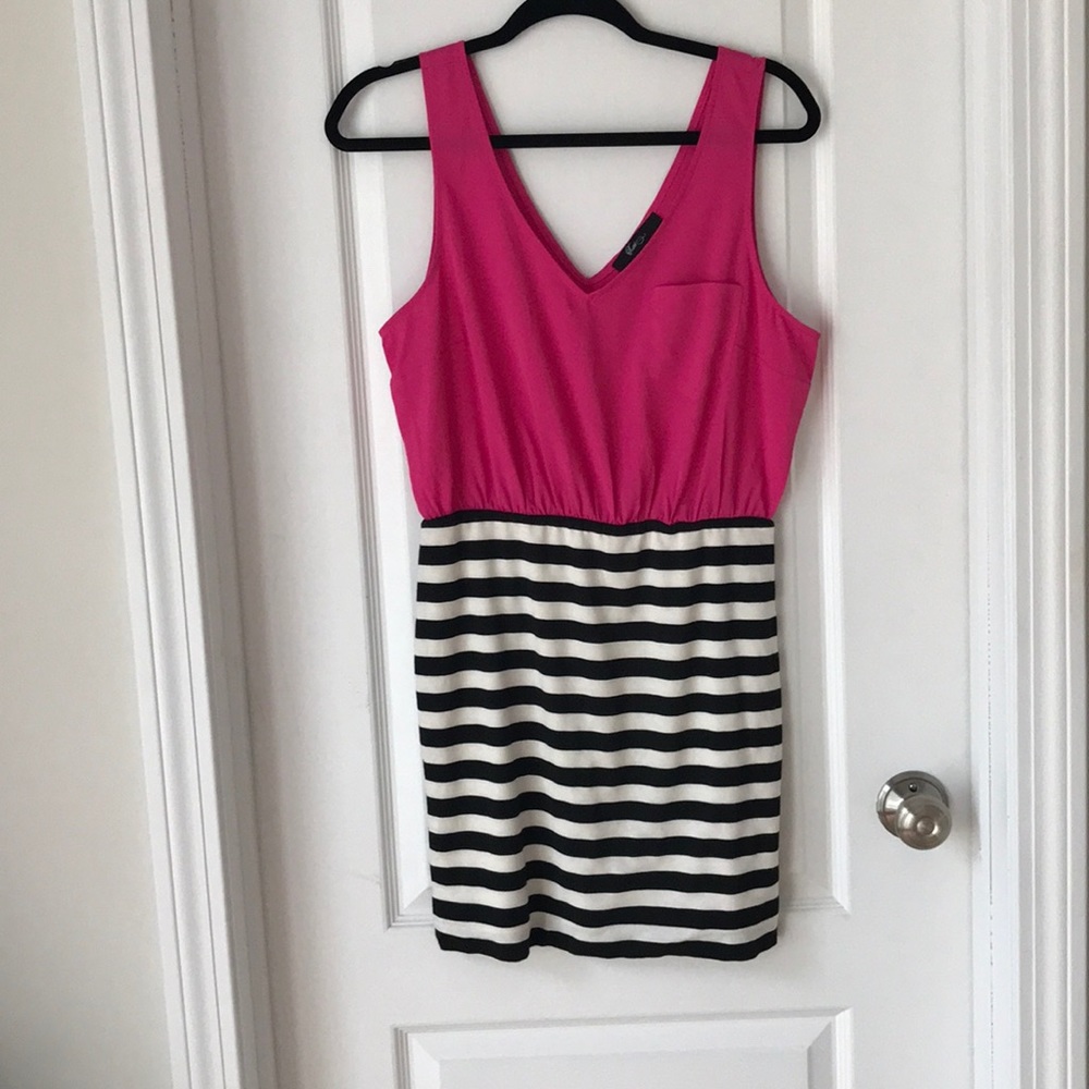 Pink blousy top, fitted skirt dress